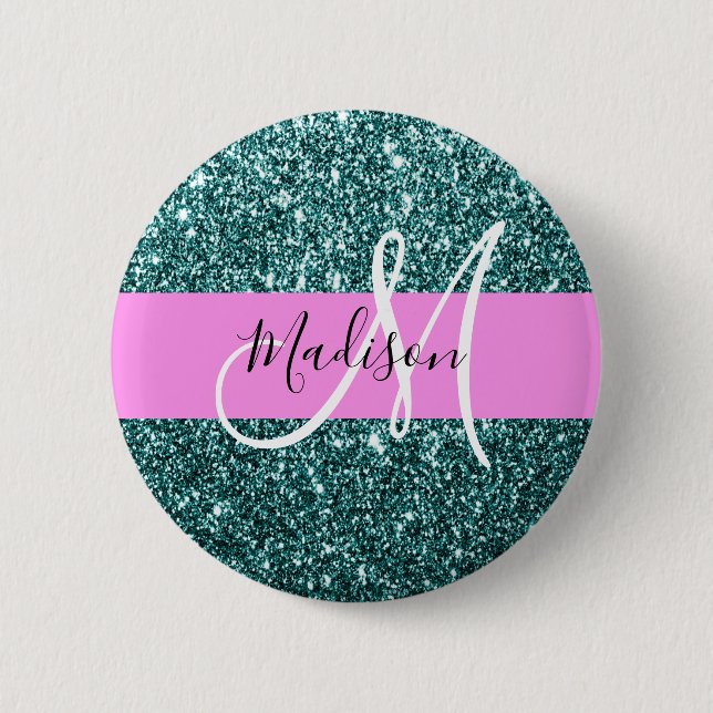 Glam Pink Teal Green Glitter Sparkle Name Monogram 2 Inch Round Button (Front)