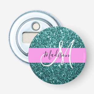 Glam Pink Teal Green Glitter Sparkle Name Monogram Bottle Opener