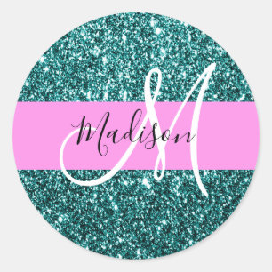 Glam Pink Teal Green Glitter Sparkle Name Monogram Classic Round Sticker