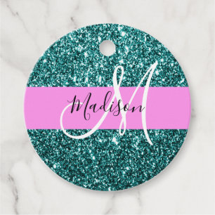 Glam Pink Teal Green Glitter Sparkle Name Monogram Favour Tags
