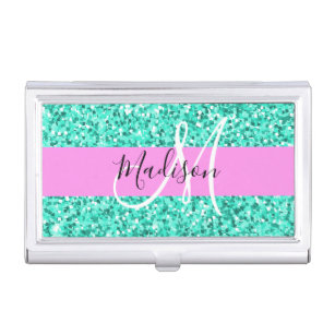 Glam Pink Turquoise Glitter Sparkles Monogram Name Business Card Holder