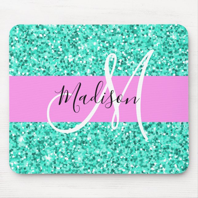Glam Pink Turquoise Glitter Sparkles Monogram Name Mouse Pad (Front)