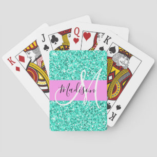 Glam Pink Turquoise Glitter Sparkles Monogram Name Playing Cards