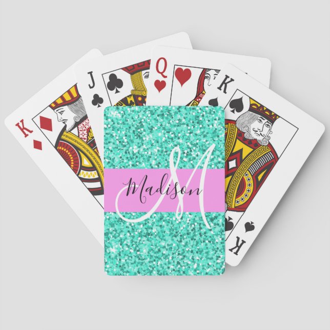 Glam Pink Turquoise Glitter Sparkles Monogram Name Playing Cards (Back)