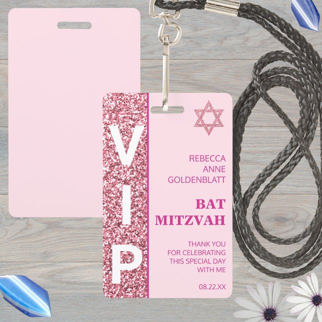 Glam Pink Unique VIP Bat Mitzvah Party Favour Badge (Custom VIP badges make fun Bat Mitzvah party favors and keepsakes from the celebration)