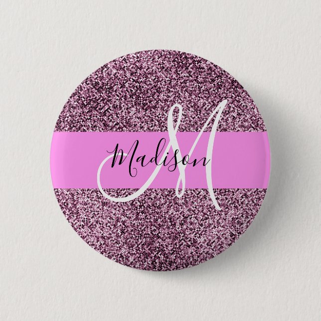 Glam Pink & Violet Glitter Sparkles Monogram Name 2 Inch Round Button (Front)