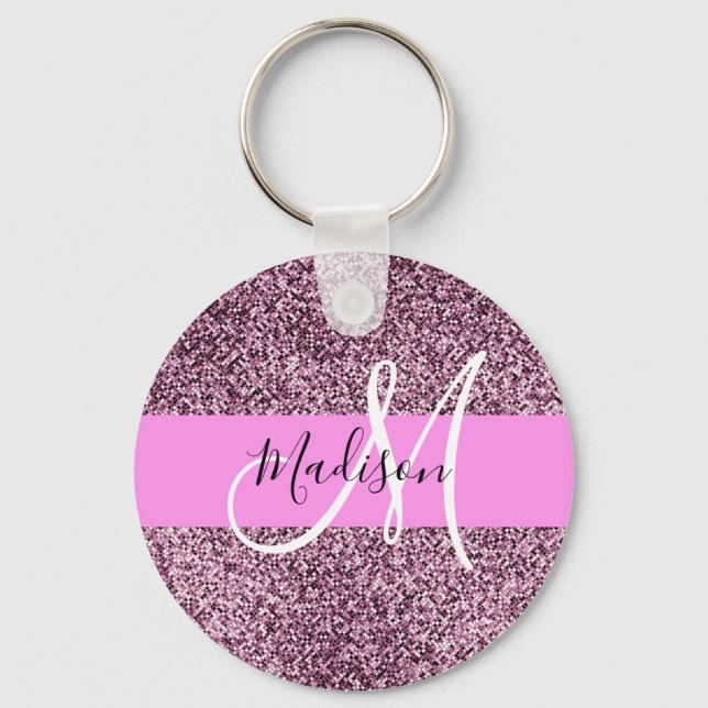 Glam Pink & Violet Glitter Sparkles Monogram Name Keychain (Front)
