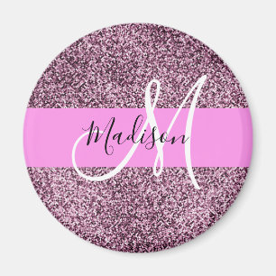 Glam Pink & Violet Glitter Sparkles Monogram Name Magnet