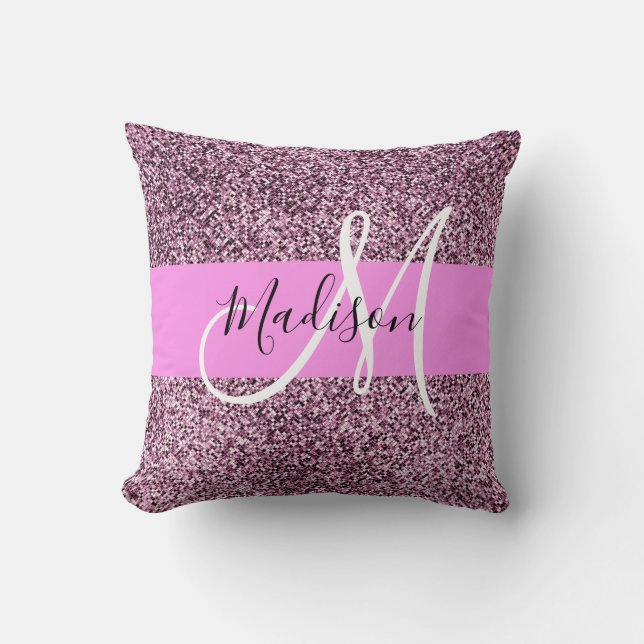 Glam Pink & Violet Glitter Sparkles Monogram Name Throw Pillow (Front)