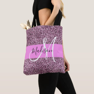 Glam Pink & Violet Glitter Sparkles Monogram Name Tote Bag