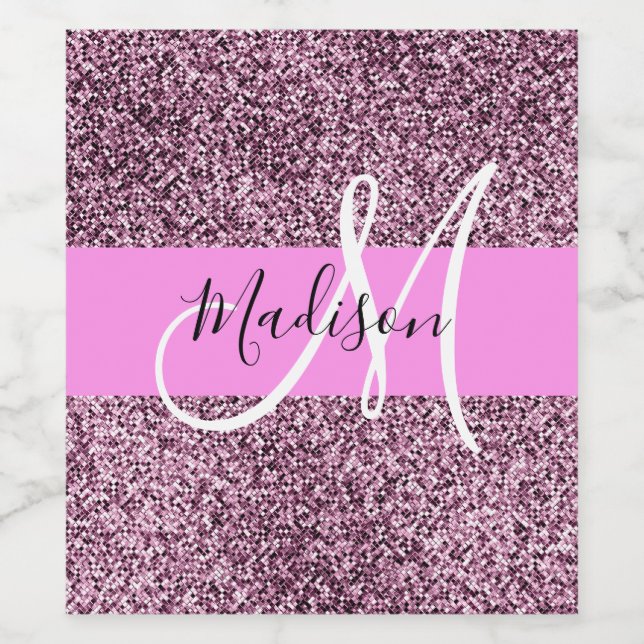 Glam Pink & Violet Glitter Sparkles Monogram Name Wine Label (Single Label)