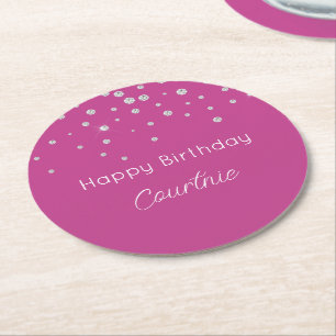 Glam Pink White Diamonds Birthday Round Paper Coaster