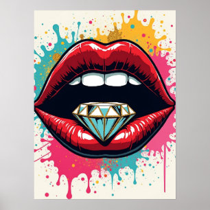 Glam Pop Art Red Lips and Diamond Poster