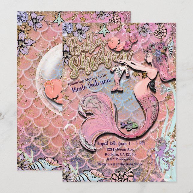 Glam Prego Mermaid Gold Glitter Baby Shower Invitation (Front/Back)