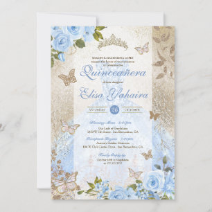 Glam Princess Blue Gold Rose Butterfly Quinceanera Invitation
