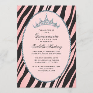 Glam Princess Tiara Zebra Pink Quinceanera Party Invitation