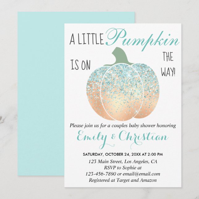 Glam Pumpkin Aqua Turquoise Glitter Baby Shower Invitation (Front/Back)