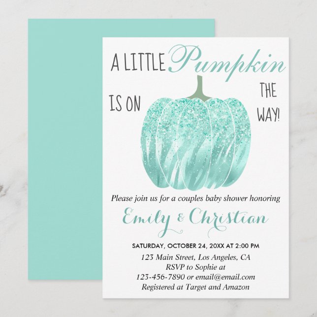 Glam Pumpkin Aqua Turquoise Glitter Baby Shower Invitation (Front/Back)