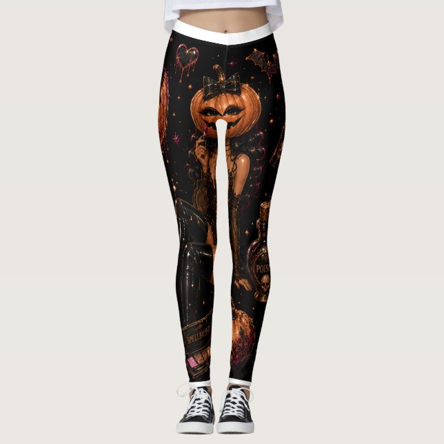 Glam Pumpkin Makeup Halloween Leggings (Front)