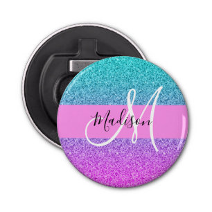 Glam Purple Aqua Glitter Sparkle Gradient Monogram Bottle Opener