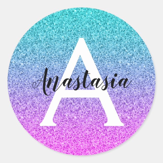 Glam Purple Aqua Glitter Sparkle Gradient Monogram Classic Round Sticker (Front)