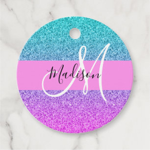 Glam Purple Aqua Glitter Sparkle Gradient Monogram Favour Tags