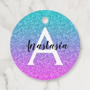 Glam Purple Aqua Glitter Sparkle Gradient Monogram Favour Tags
