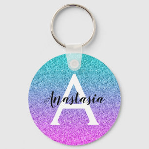 Glam Purple Aqua Glitter Sparkle Gradient Monogram Keychain