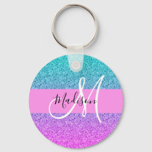 Glam Purple Aqua Glitter Sparkle Gradient Monogram Keychain