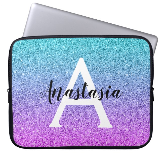 Glam Purple Aqua Glitter Sparkle Gradient Monogram Laptop Sleeve (Front)