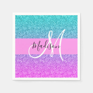 Glam Purple Aqua Glitter Sparkle Gradient Monogram Napkin
