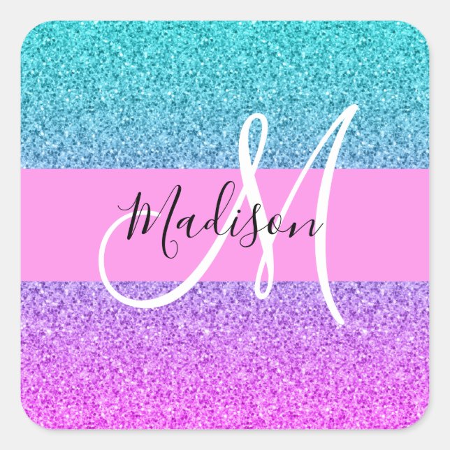 Glam Purple Aqua Glitter Sparkle Gradient Monogram Square Sticker (Front)