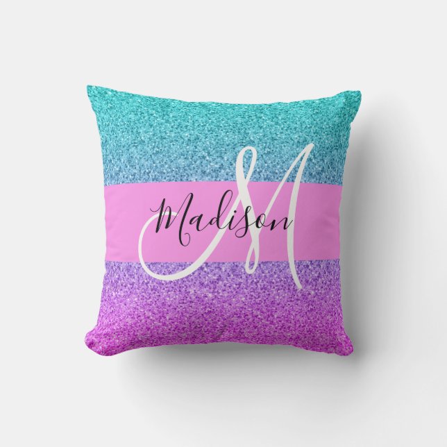 Glam Purple Aqua Glitter Sparkle Gradient Monogram Throw Pillow (Front)