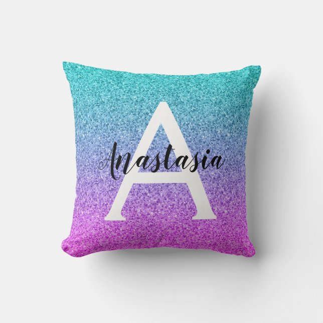 Glam Purple Aqua Glitter Sparkle Gradient Monogram Throw Pillow (Front)