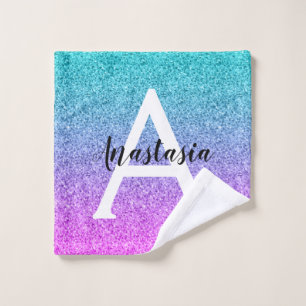 Glam Purple Aqua Glitter Sparkle Gradient Monogram Wash Cloth
