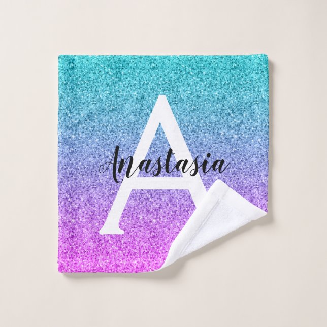 Glam Purple Aqua Glitter Sparkle Gradient Monogram Wash Cloth (Wash Cloth)