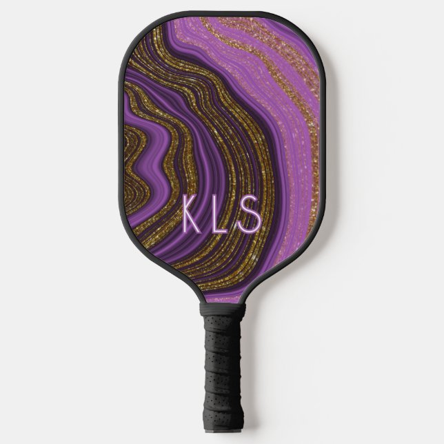 Glam Purple Black & Gold Glitter Agate Monogram Pickleball Paddle (Front)