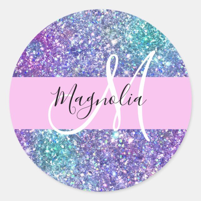 Glam Purple, Blue & Green Glitter Sparkle Monogram Classic Round Sticker (Front)