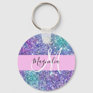 Glam Purple, Blue & Green Glitter Sparkle Monogram Keychain