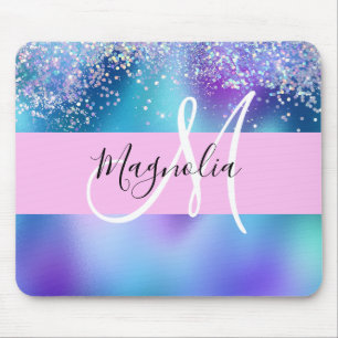 Glam Purple, Blue & Green Glitter Sparkle Monogram Mouse Pad