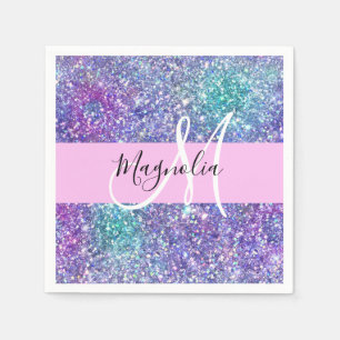 Glam Purple, Blue & Green Glitter Sparkle Monogram Napkin