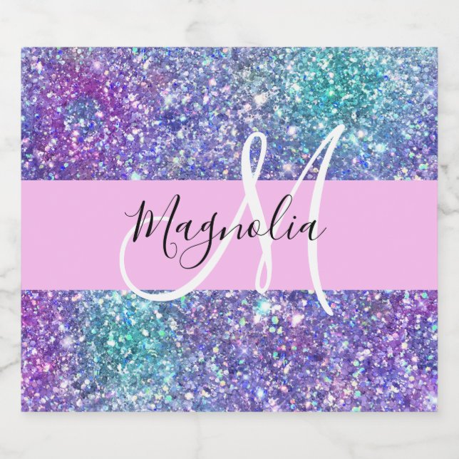 Glam Purple, Blue & Green Glitter Sparkle Monogram Sparkling Wine Label (Single Label)