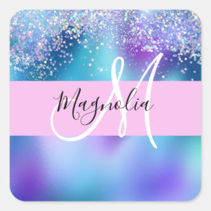 Glam Purple, Blue & Green Glitter Sparkle Monogram Square Sticker