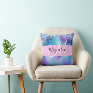 Glam Purple, Blue & Green Glitter Sparkle Monogram Throw Pillow