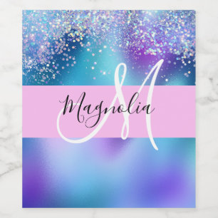 Glam Purple, Blue & Green Glitter Sparkle Monogram Wine Label