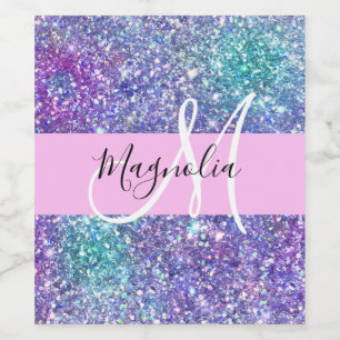 Glam Purple, Blue & Green Glitter Sparkle Monogram Wine Label