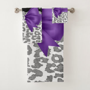 Glam Purple Bow-Grey Leopard-Silver Floral Sparkle Bath Towel Set
