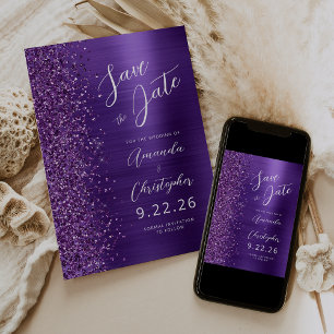 Glam Purple Brushed Metal Script Save the Date Announcement