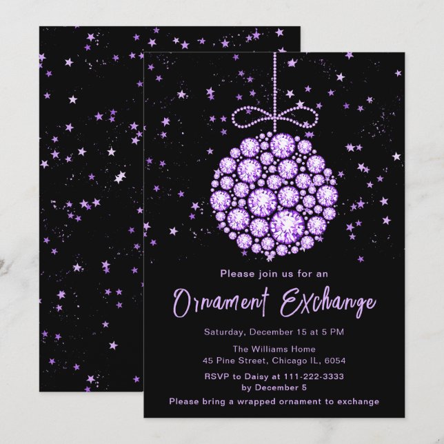 Glam Purple Christmas Ornament Exchange Invitation (Front/Back)