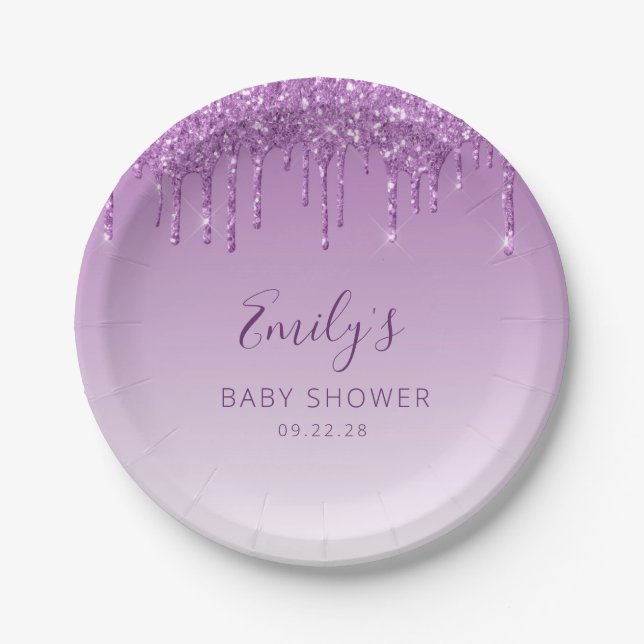 Glam Purple Dripping Glitter Baby Shower Paper Plate (Front)